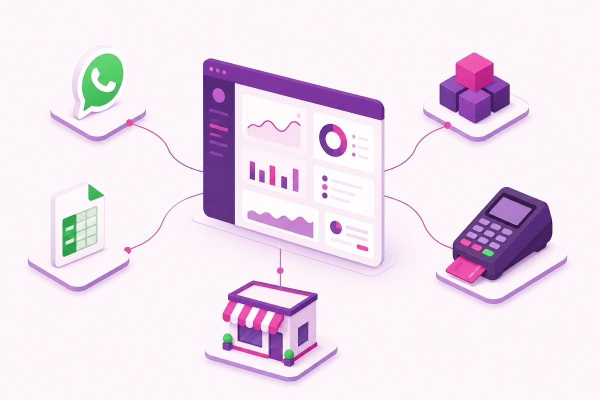 Ilustração de um sistema central sob medida conectado a WhatsApp, planilhas, ERP, maquininha de pagamento e loja física